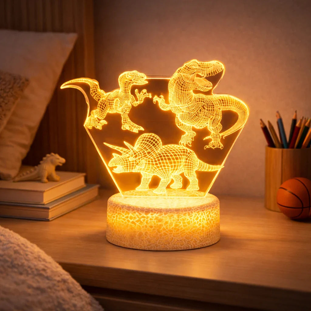 Veilleuse Lampe LED Avec 3 Dinosaures 3D Pour Enfants
