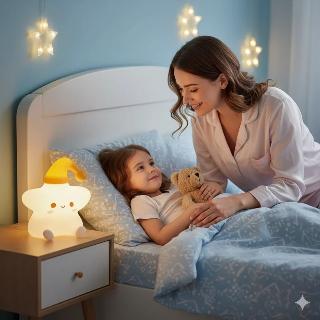 Veilleuse bébé étoile sur table de chevet, maman bordant son enfant, créant une atmosphère sécurisante et chaleureuse.
