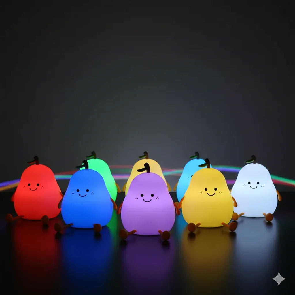 Veilleuse LED poire 7 couleurs avec mode automatique, offrant une variété de lumières apaisantes pour une ambiance magique dans la chambre d'enfant.