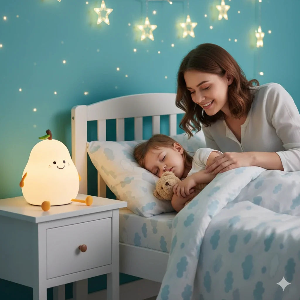 Veilleuse LED poire sur table de chevet, maman bordant son enfant, créant une atmosphère sécurisante et familiale pour le coucher.